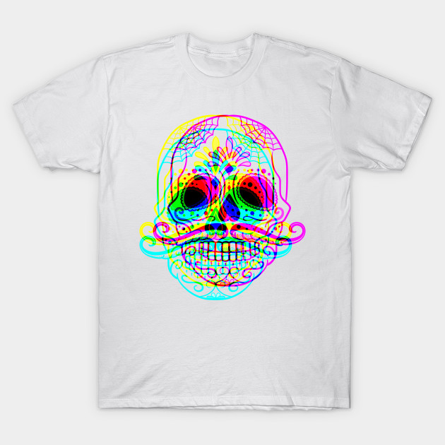 Mustache Sugar Skull - crossed neon colored T-Shirt-TOZ